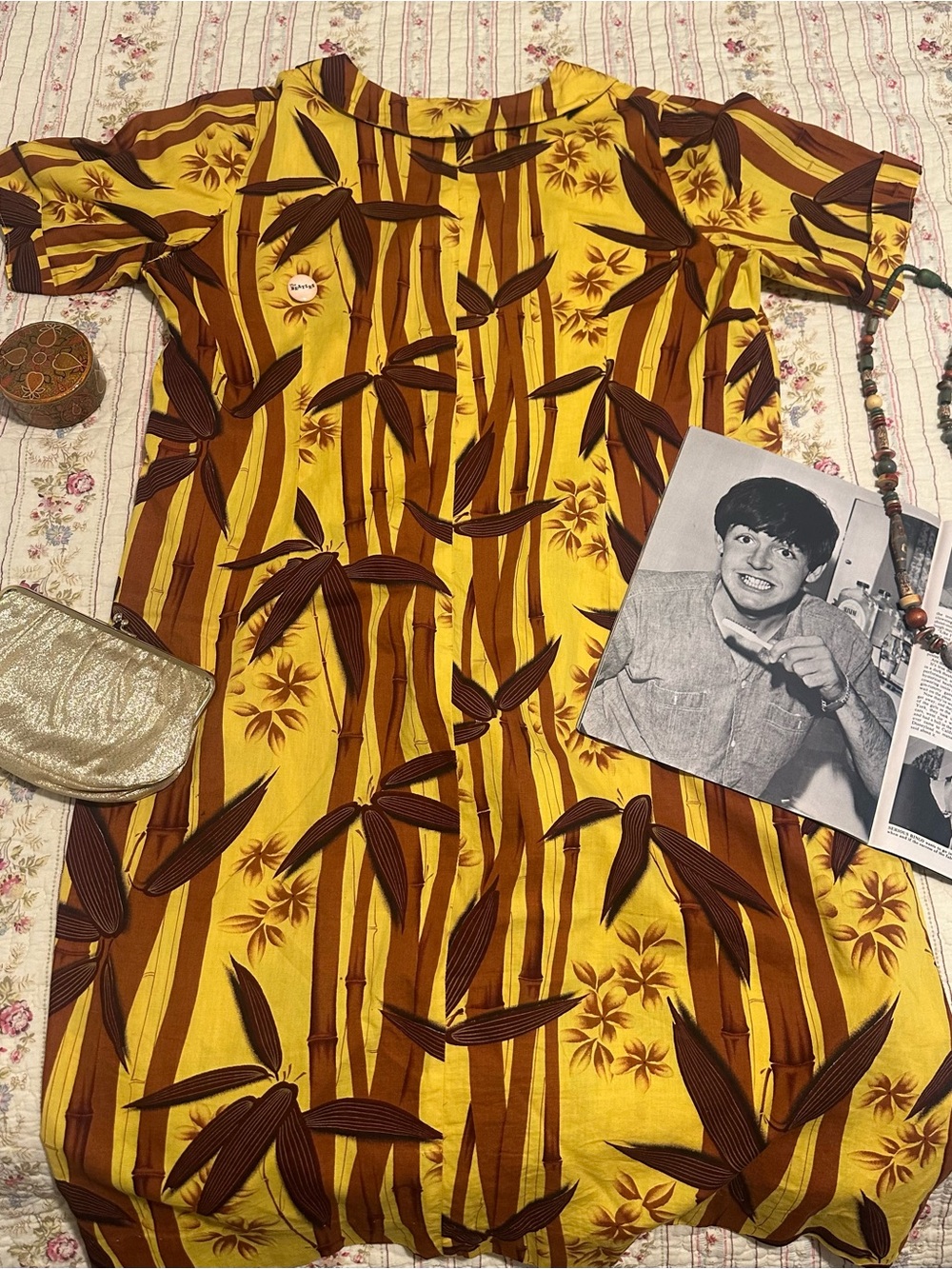 True Vintage 70s Hawaiian Muumuu Dress L XL Yellow Brown Bamboo Tropical Floral